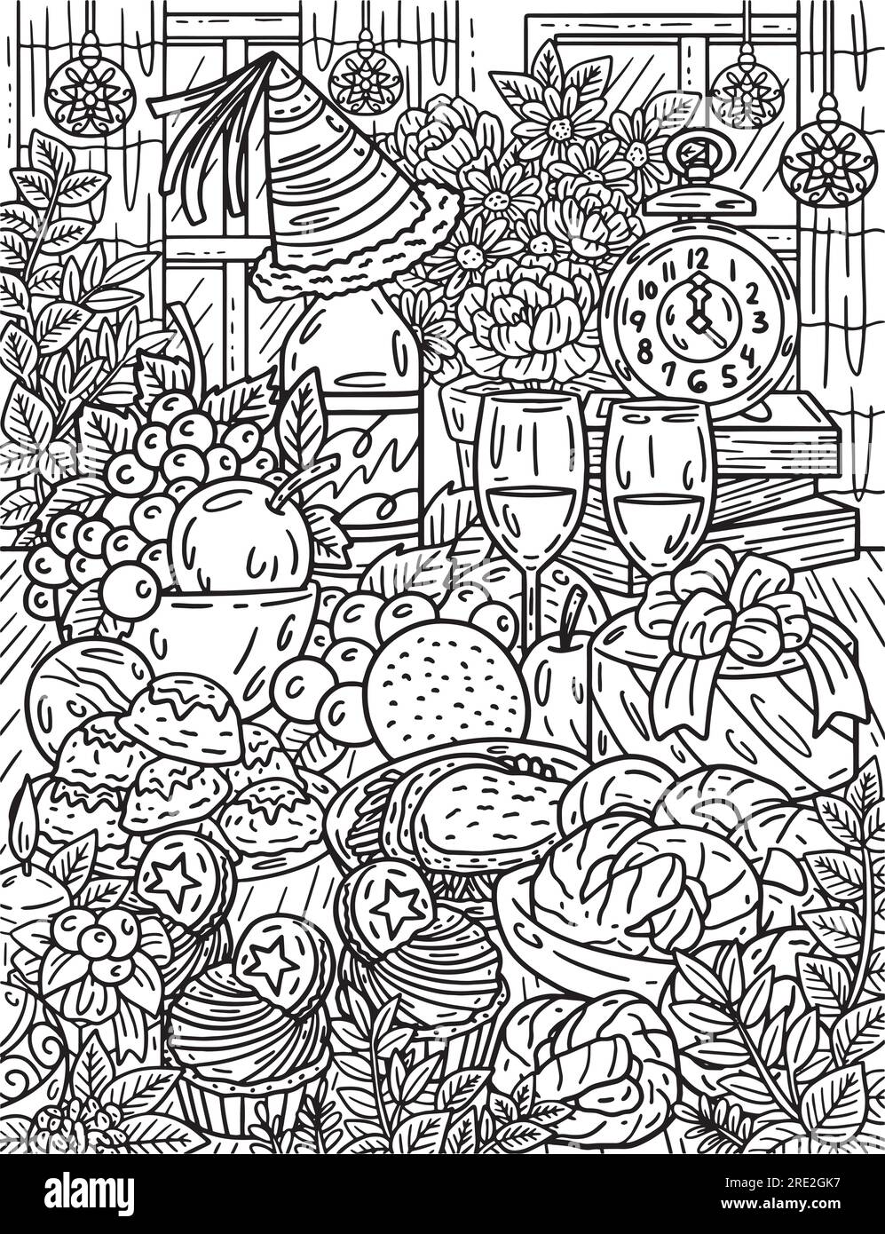 New year feast coloring page for adults stock vector image art