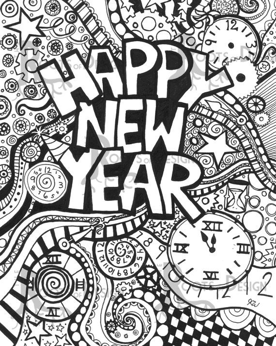 Instant download coloring page happy new year art print zentangle inspired doodle art