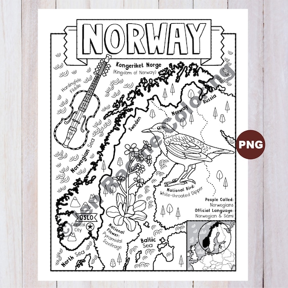 Norway coloring page geography of europe digital download coloring page