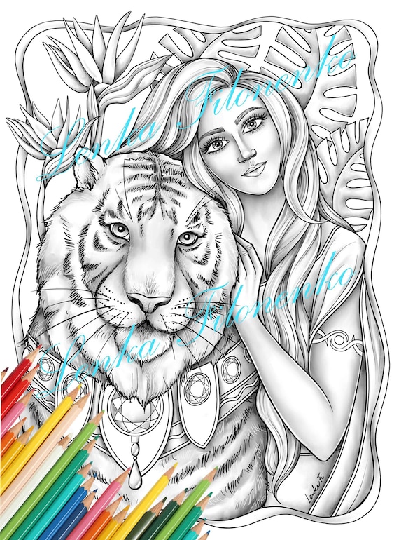 Coloring page for adults chinese new year water tiger grey scale coloring pdf download and print