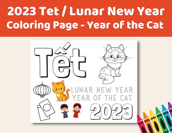 Tet vietnamese new year coloring page printable lunar new year year of the cat vietnamese zodiac signs instant download