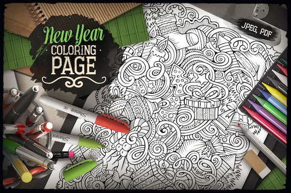 Happy new year digital coloring page adult coloring printable xmas doodle christmas doodles art holidays doodle digital download