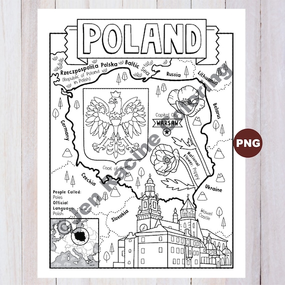 Poland coloring page geography of europe digital download coloring page