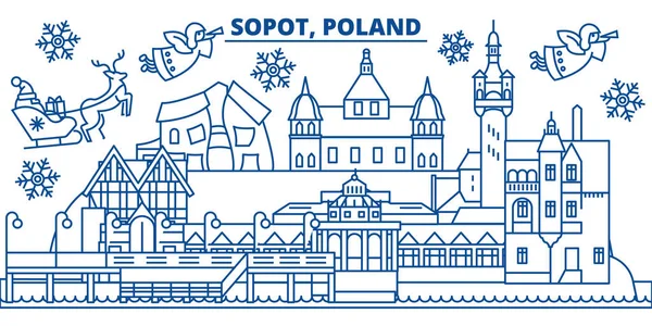 Poland bydgoszcz winter city skyline merry christmas happy new year decorated banner with santa clauswinter greeting line cardflat outline vectorlinear christmas snow illustration stock vector by iconsgraph