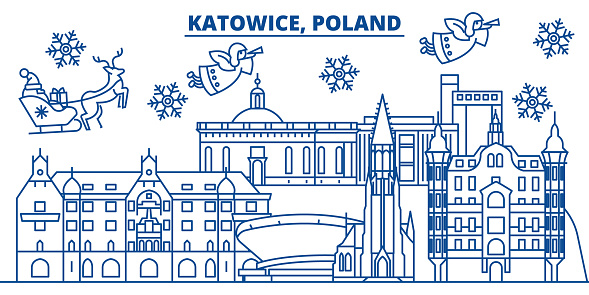 Poland katowice winter city skyline merry christmas happy new year decorated banner with santa clauswinter greeting line cardflat outline vectorlinear christmas snow illustration stock illustration