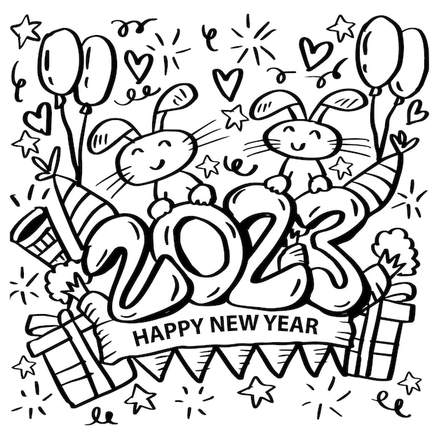 Premium vector coloring pages new years illustrations new year hand drawn doodles