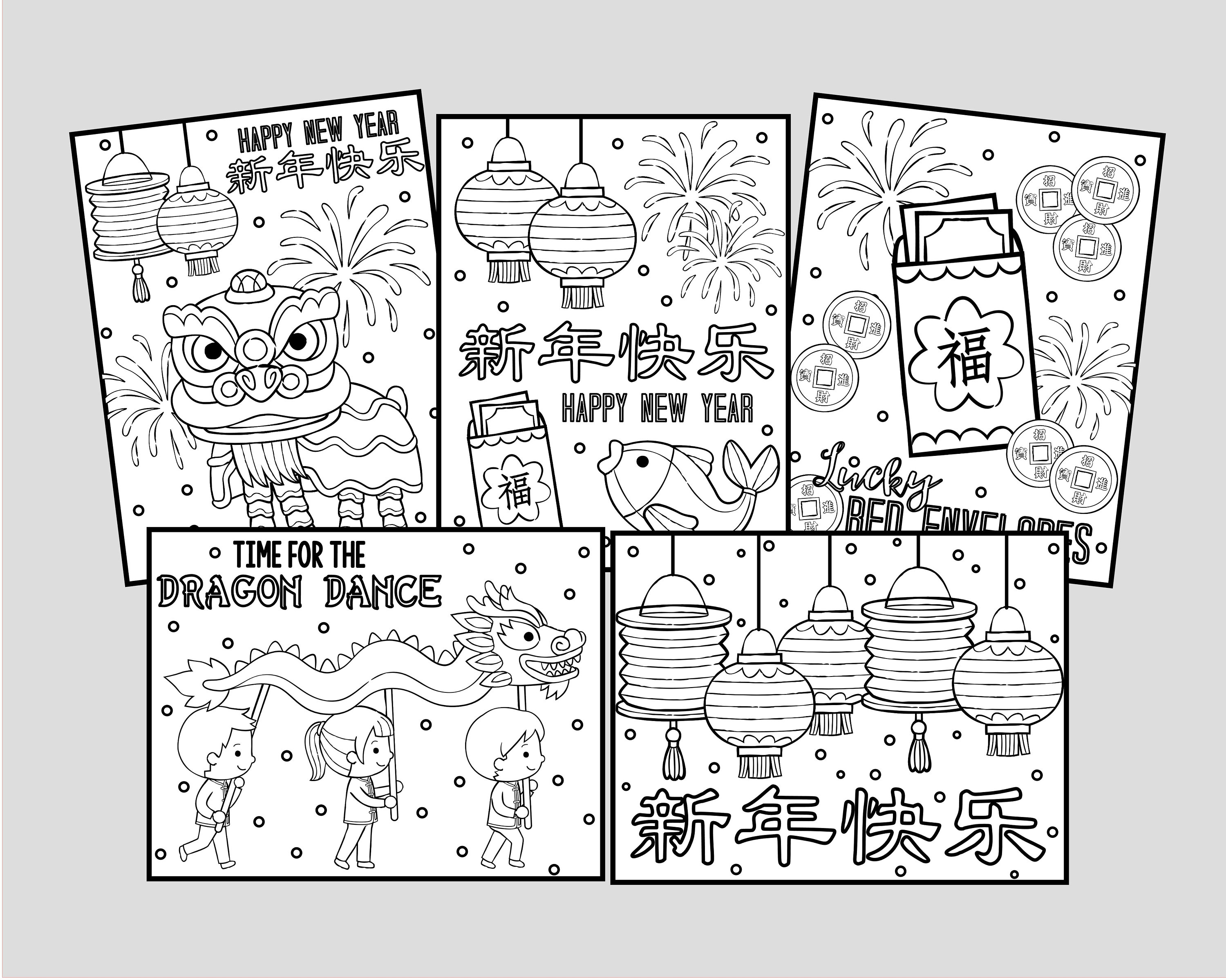 Printable chinese new year coloring pages for kids or adults chinese new year lunar new year coloring sheets instant digital download