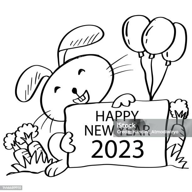 Happy new year with rabbit coloring pages stock illustration