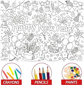 Happy new year coloring books for kids new years eve giant coloring poster large coloring tablecloth huge table cover for boys girls classroom home holiday party supplies favor x