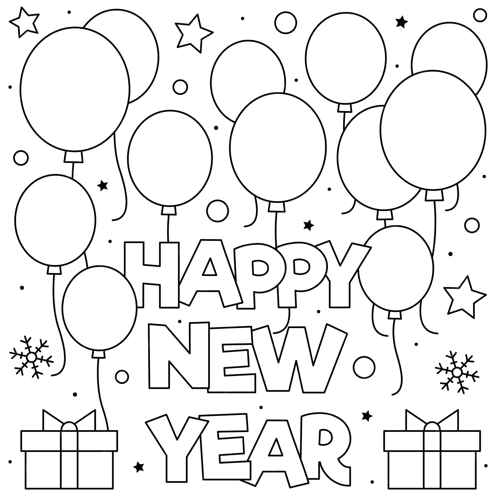 Premium vector happy new year coloring page black and white