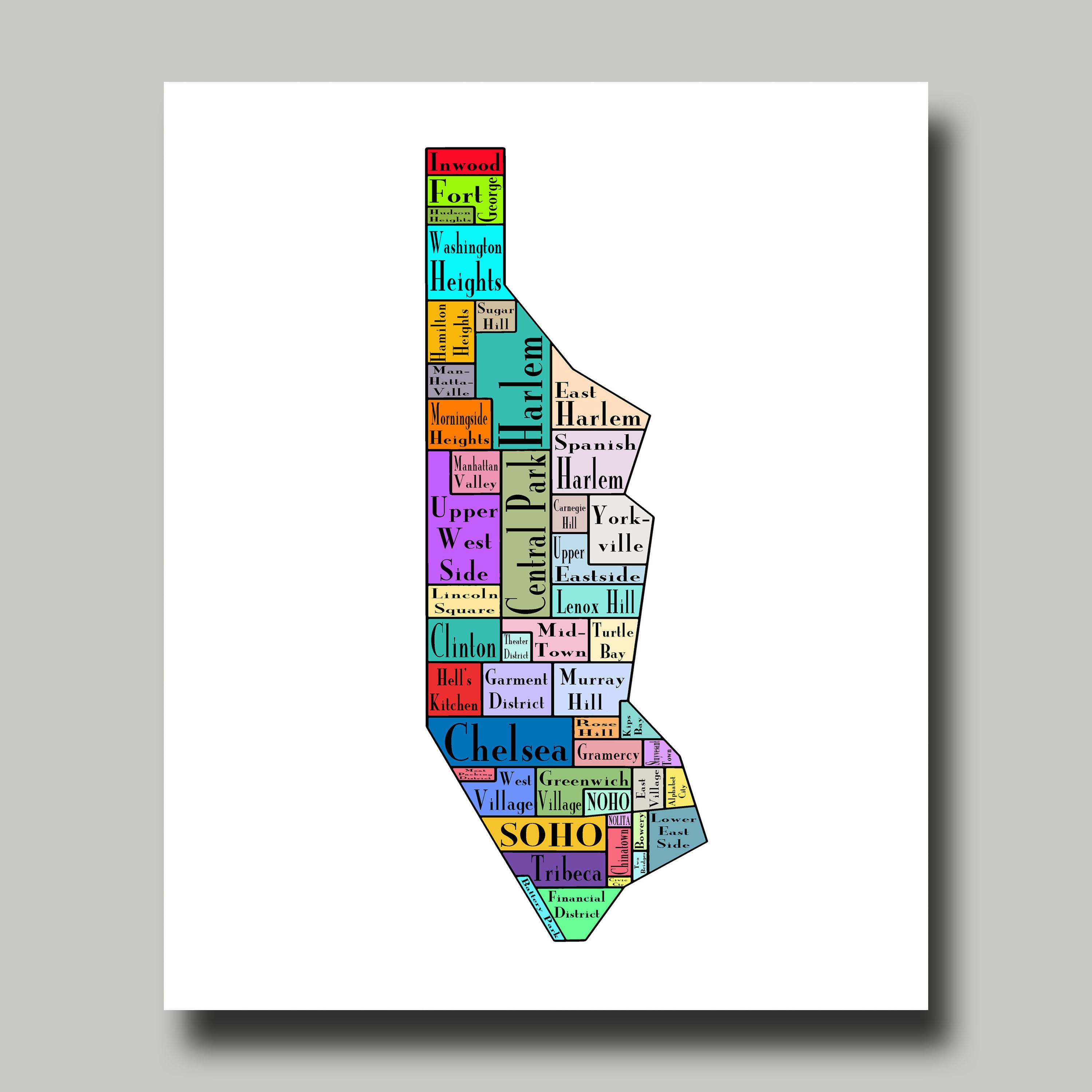 New york city map manhattan multi color neighborhood map new york print poster