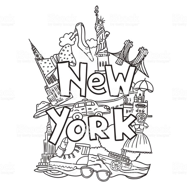 Hand drawn vector illustration with symbols of new york city statue coloring books new york drawing coloring book pages