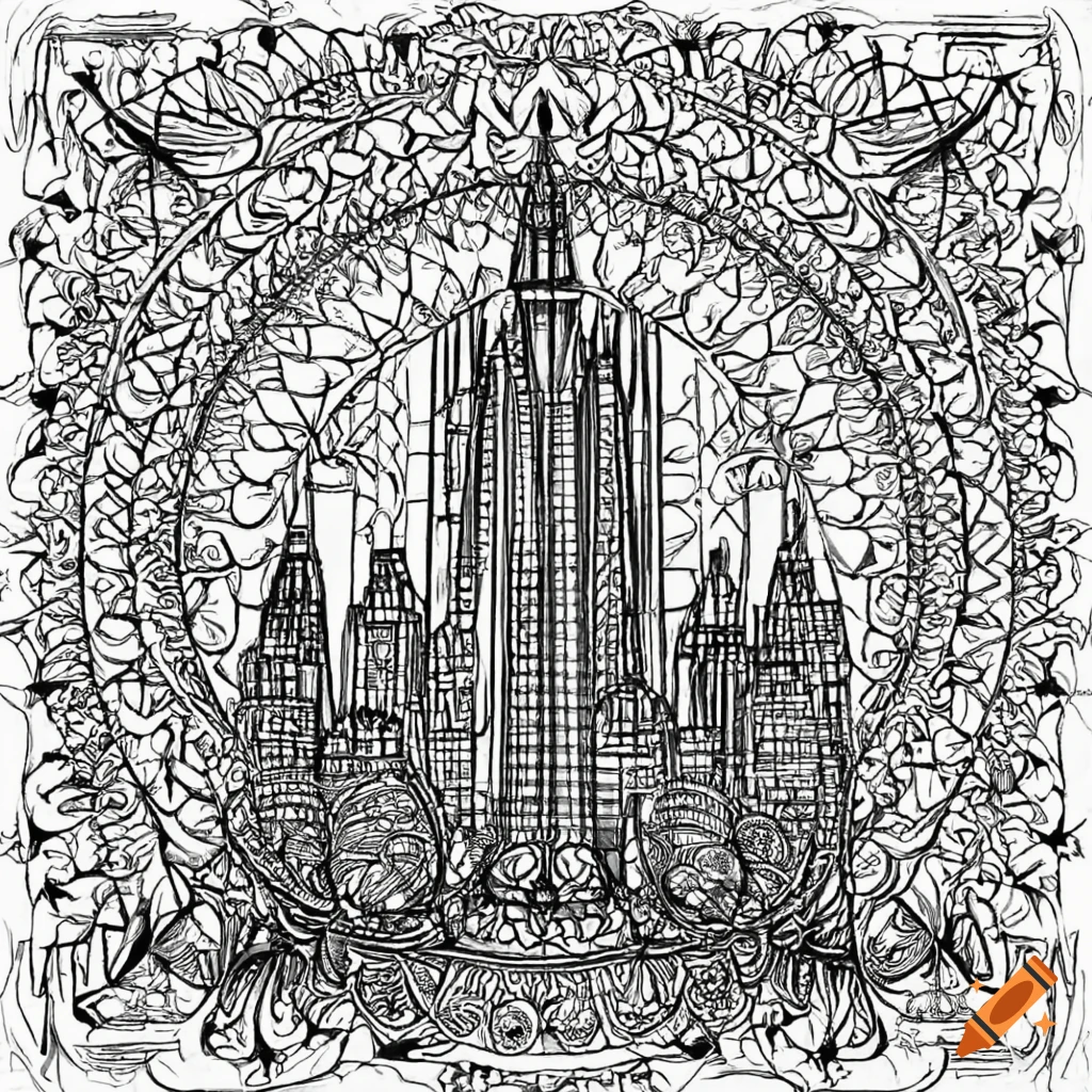 Coloring page for adults mandala new york city white background clean line art fine line art