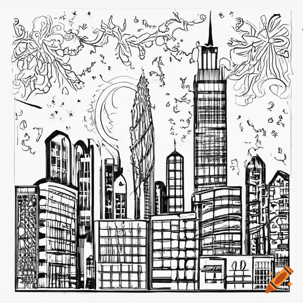 Black and white coloring book page of a city skyline on