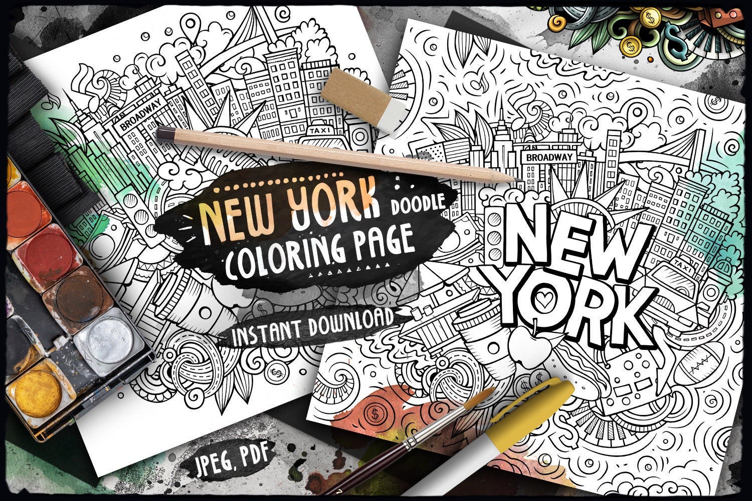 New york digital coloring page ny city doodle illustration american adult coloring around the world doodles nyc printable coloring sheet