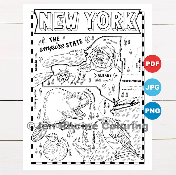 New york coloring page united states state map wildlife state symbols flowers coloring pages