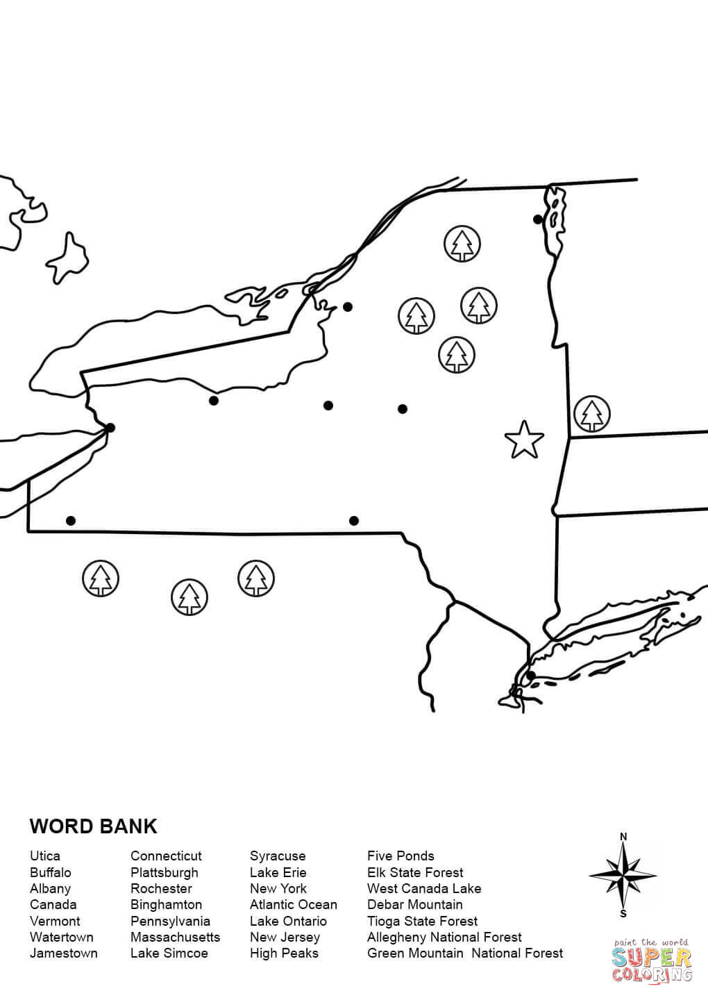 New york map worksheet coloring page free printable coloring pages