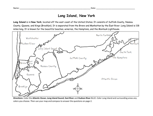 Long island new york introductory worksheet with map teaching resources