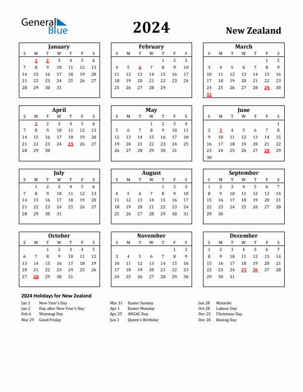 New zealand calendar with holidays