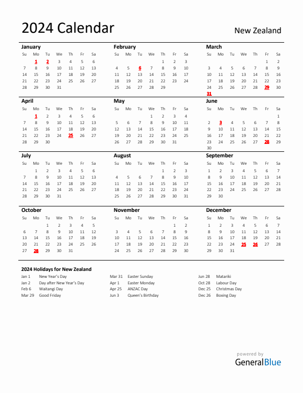 New zealand calendar with holidays