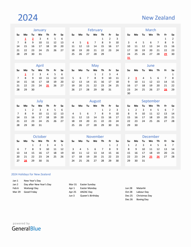 New zealand calendar with holidays