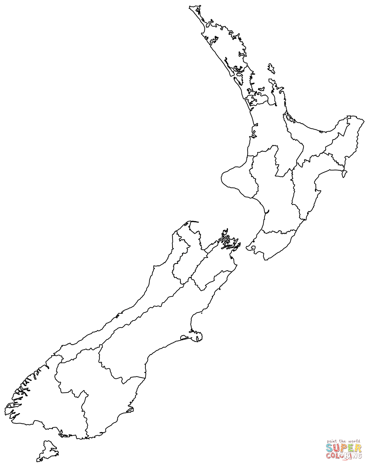 Outline map of new zealand with regions coloring page free printable coloring pages