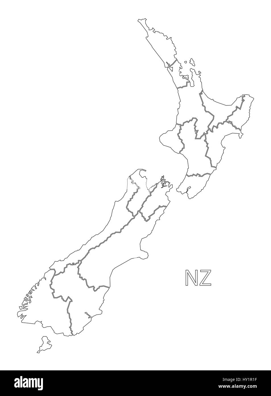 New zealand outline silhouette map illustration with states stock vector image art