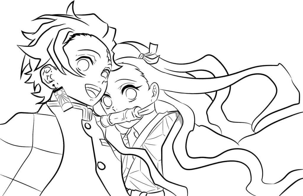 Tanjiro and nezuko side by side coloring page printable