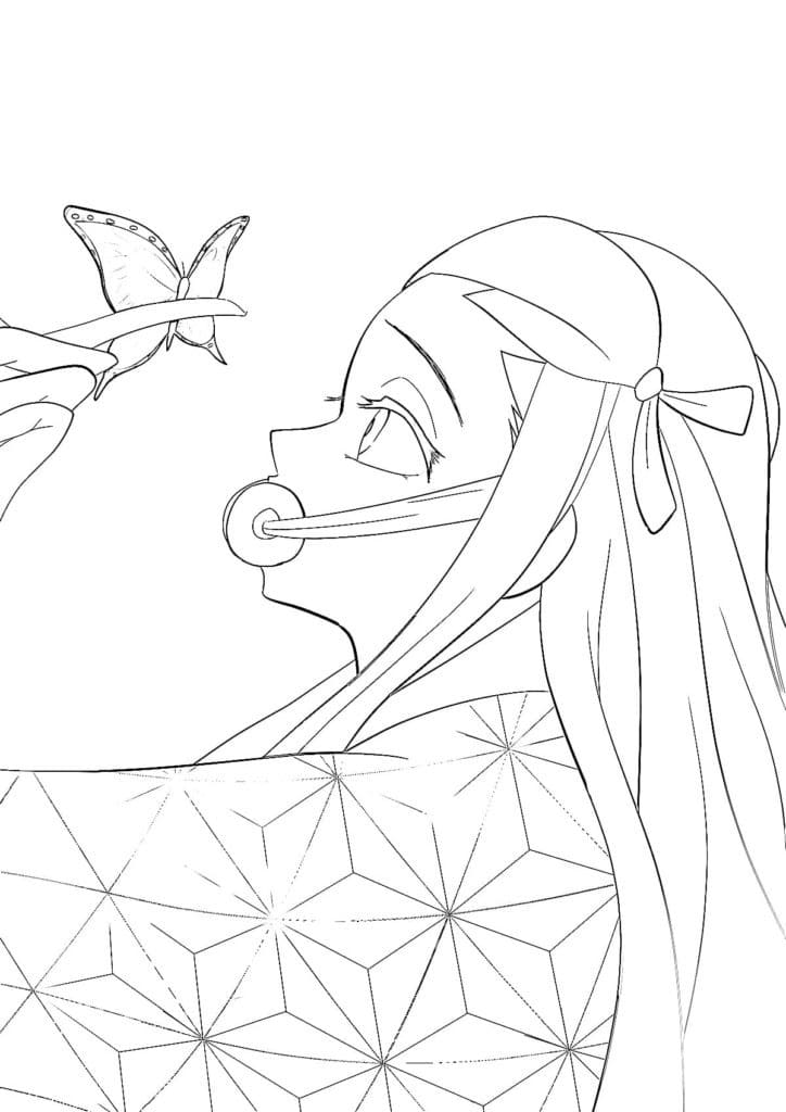 Nezuko and butterfly coloring page