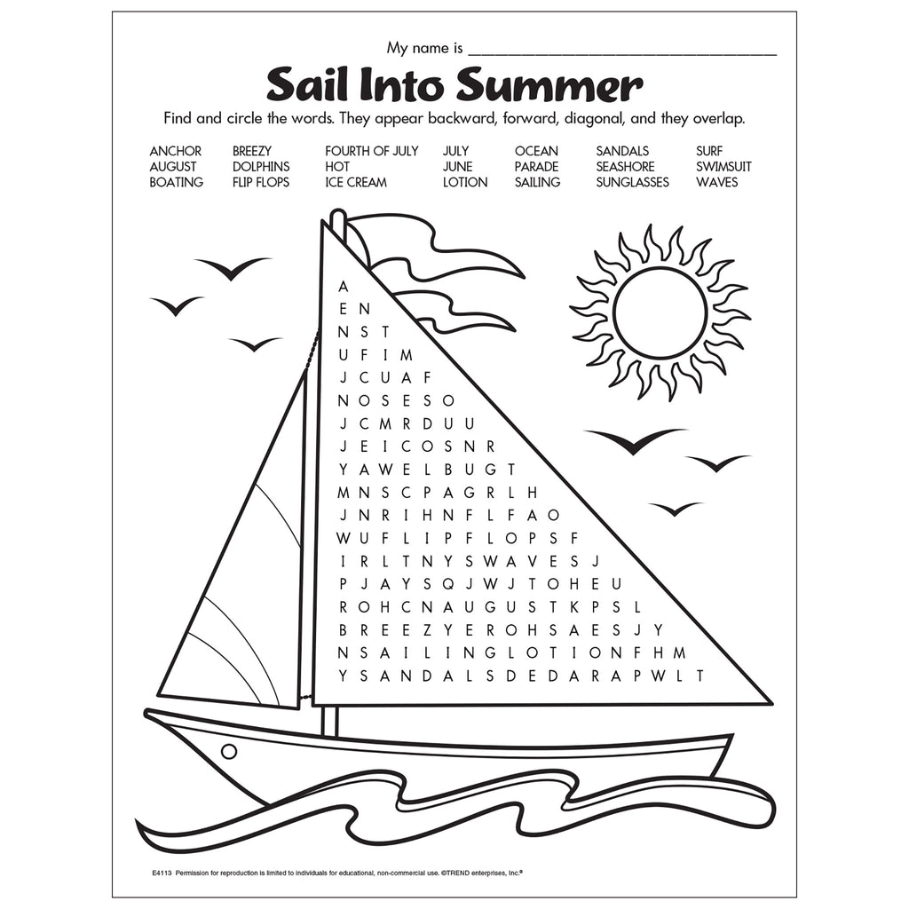 Free printable sail into summer word find â trend enterprises inc