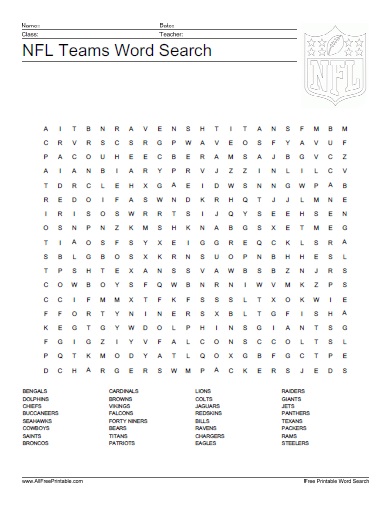 Nfl teams word search â free printable