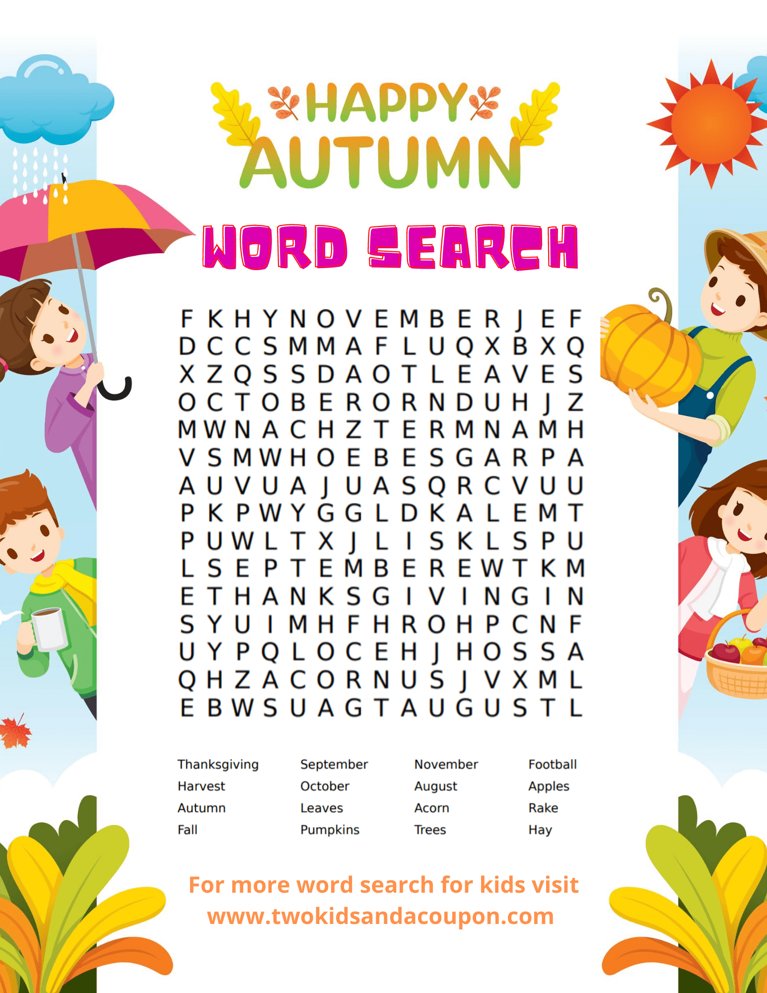 Free kids word search puzzles printable for fall for your family