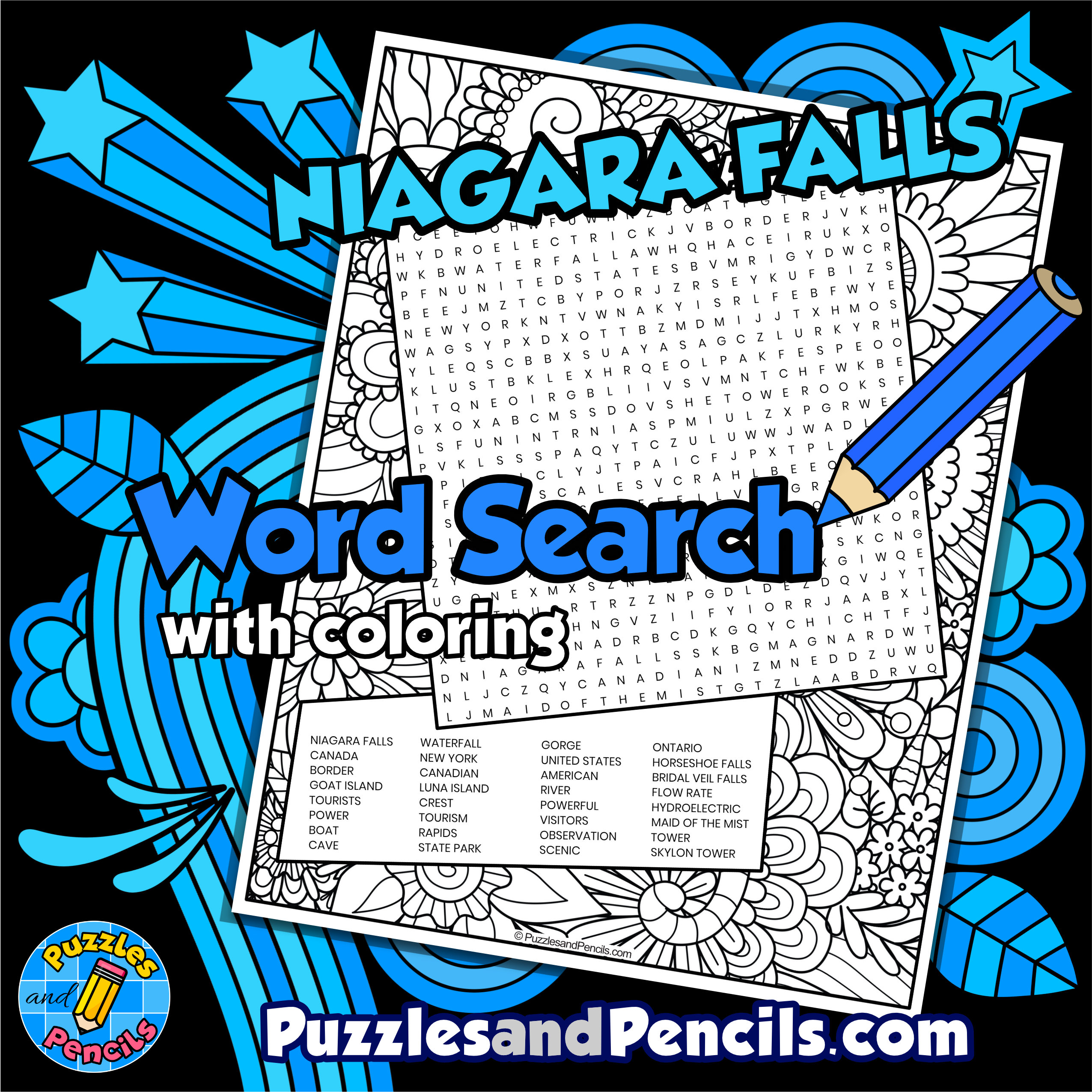 Niagara falls word search puzzle with coloring us tourist attractions wordsearch made by teachers