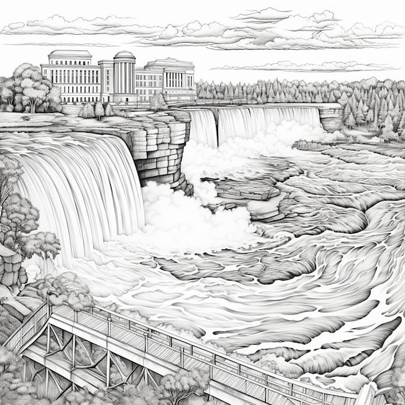 Greyscale niagara waterfalls us printable coloring page printable adult coloring page download greyscal waterfalls download now