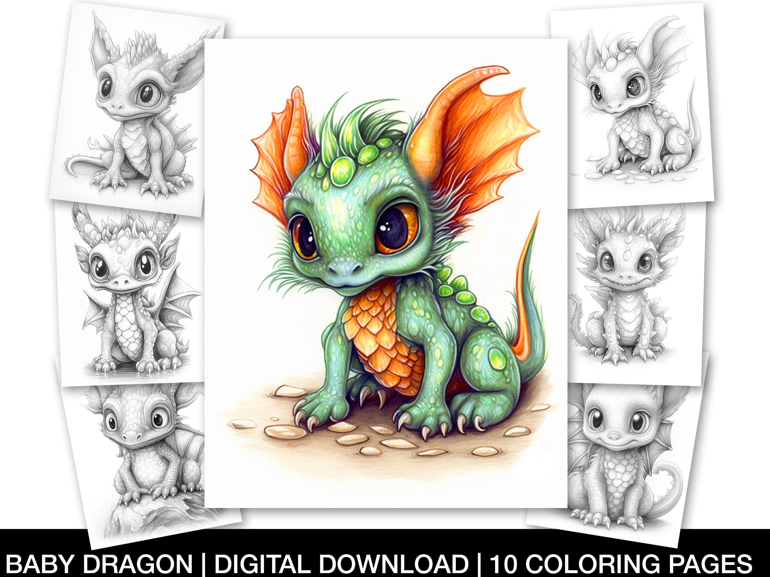 Baby dragons digital coloring pages adults and teens colouring books instant download grayscale coloring page printable coloring book