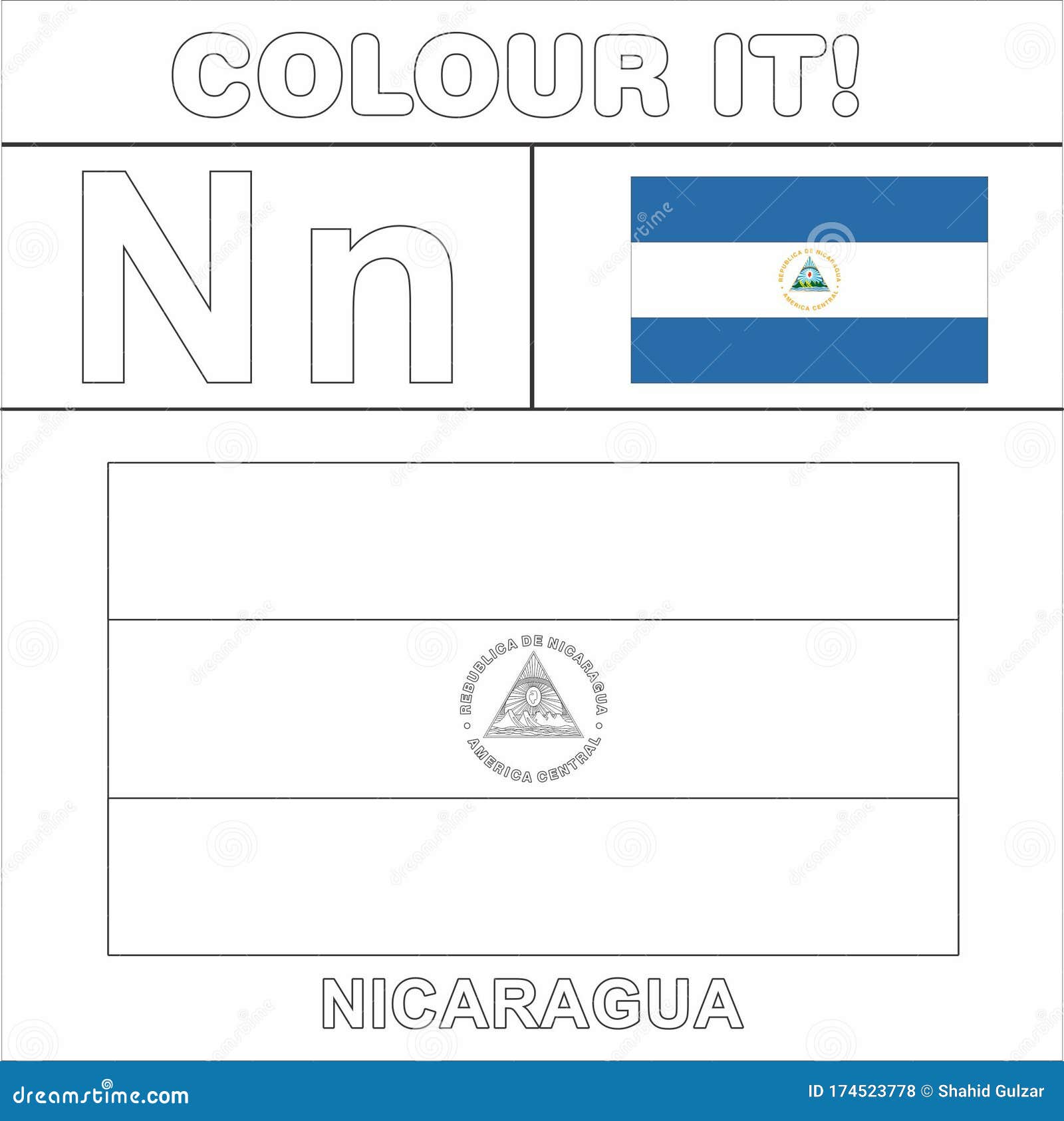 Colour it kids colouring page country starting from english letter n nicaragua how to color flag stock illustration