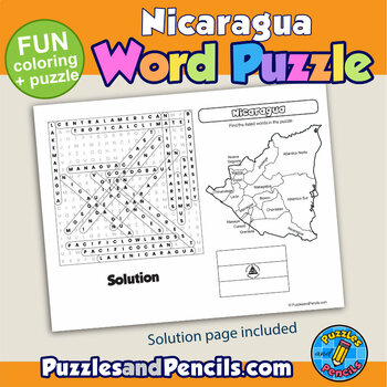 Nicaragua word search puzzle and coloring activity page central america