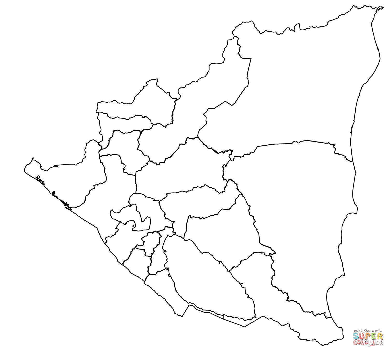 Outline map of nicaragua with regions coloring page free printable coloring pages