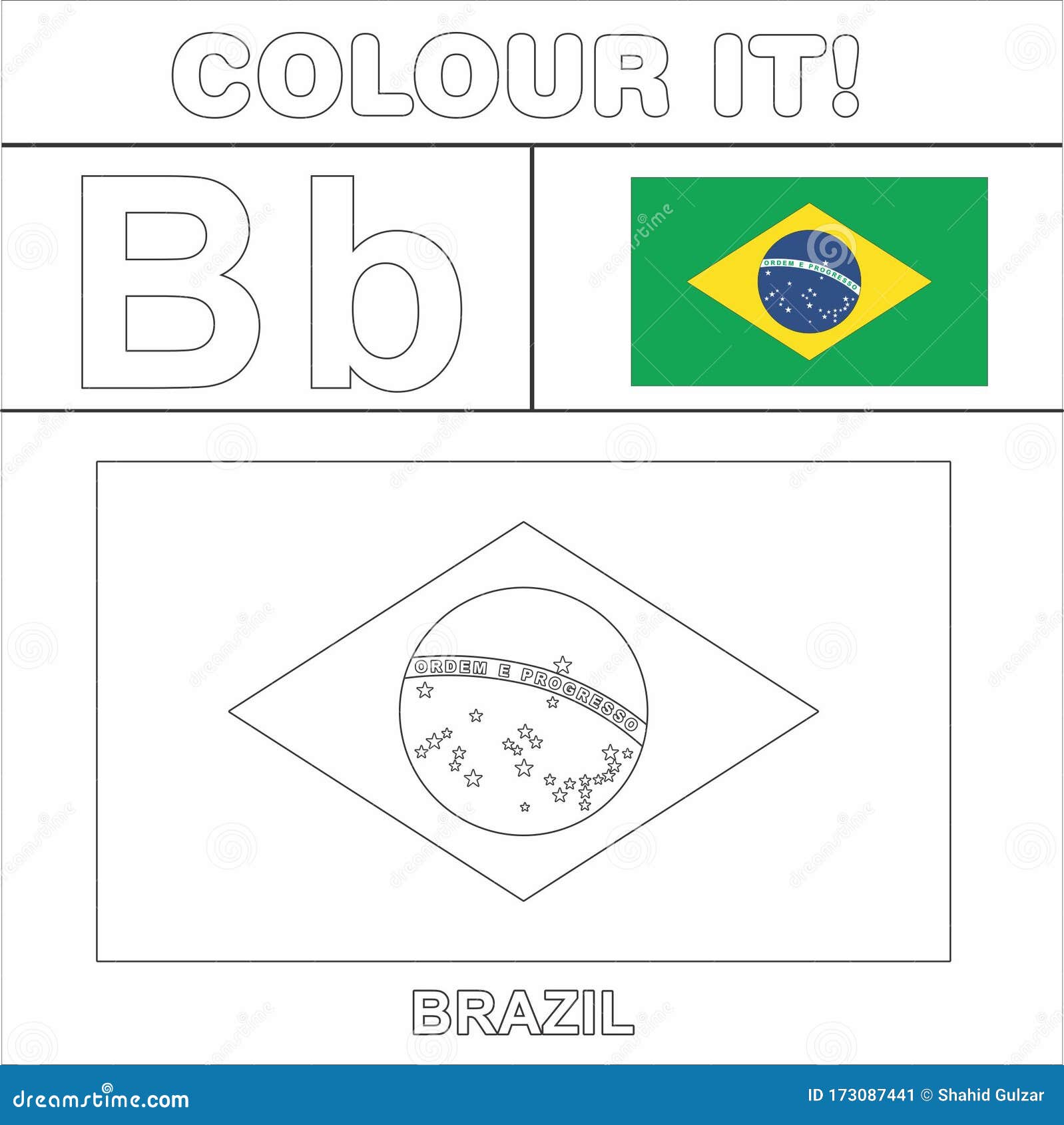 Colour it kids colouring page country starting from english letter b brazil how to color flag stock illustration