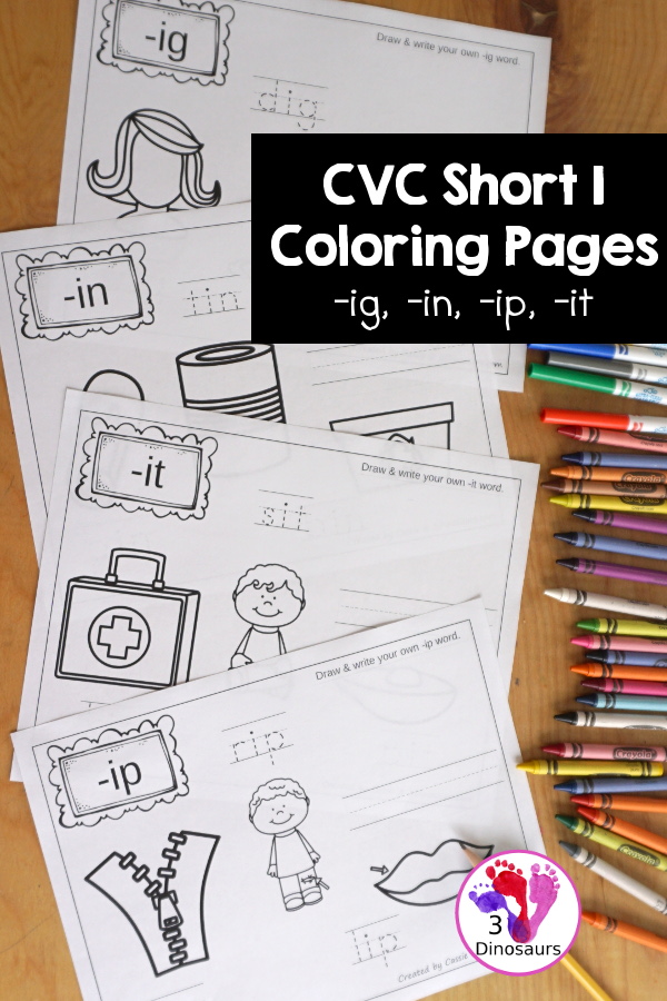 Free cvc word family coloring pages short i vowel dinosaurs