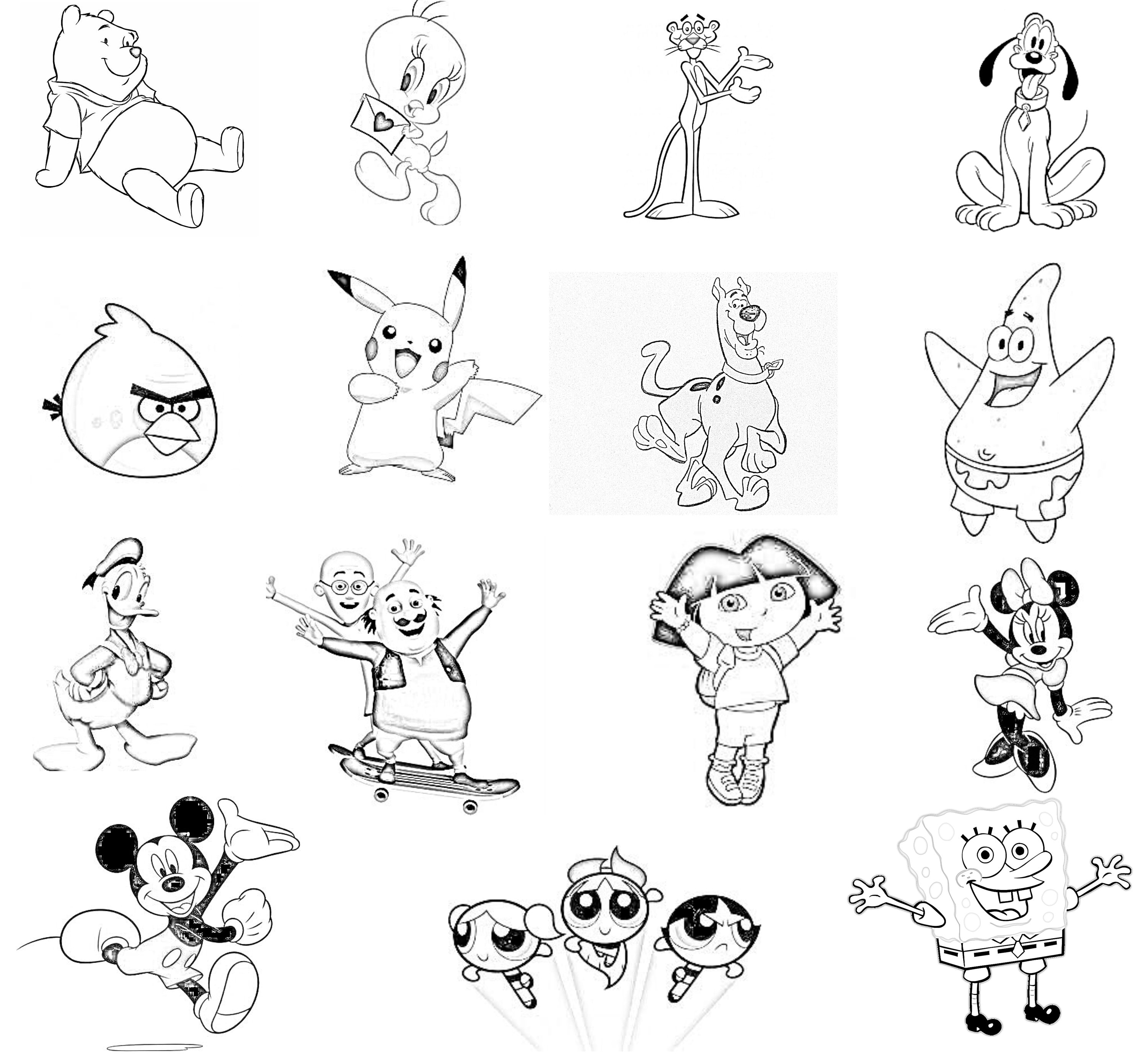 A digital print of cartoon character colouring pages for kids