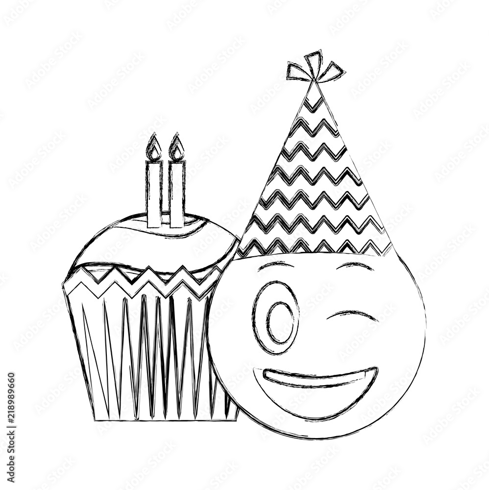 Birthday emoji with party hat and cupcakes candles vector illustration hand drawing vector