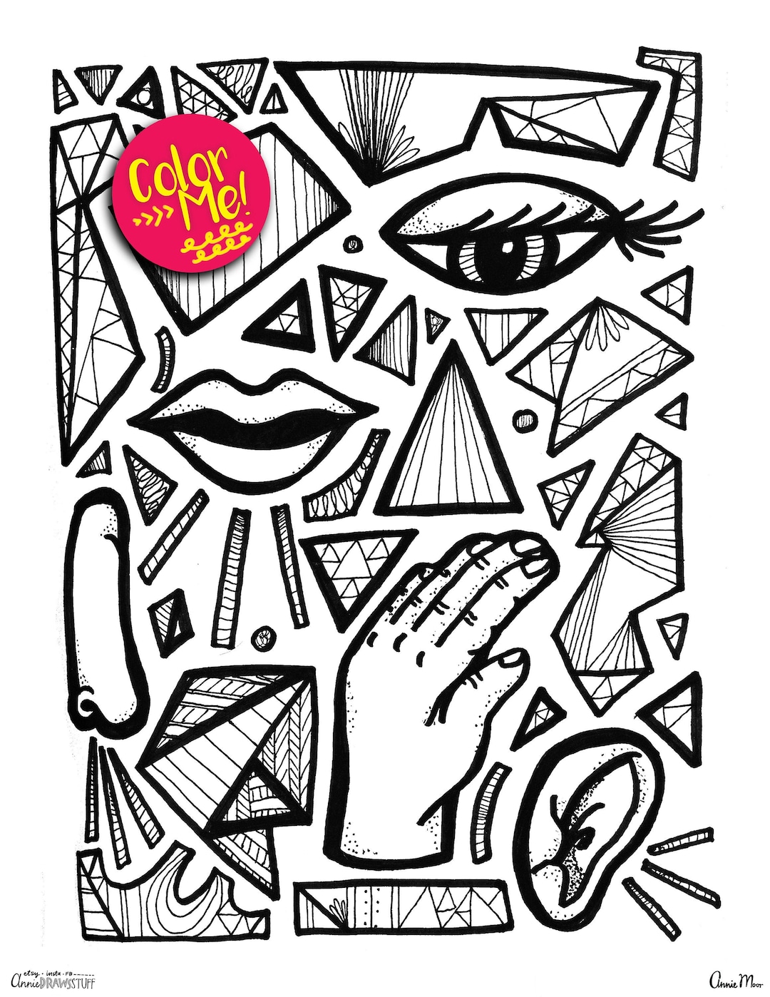Instant download abstract face coloring page coloring pages download coloring pages kids five senses bold drawing coloring book