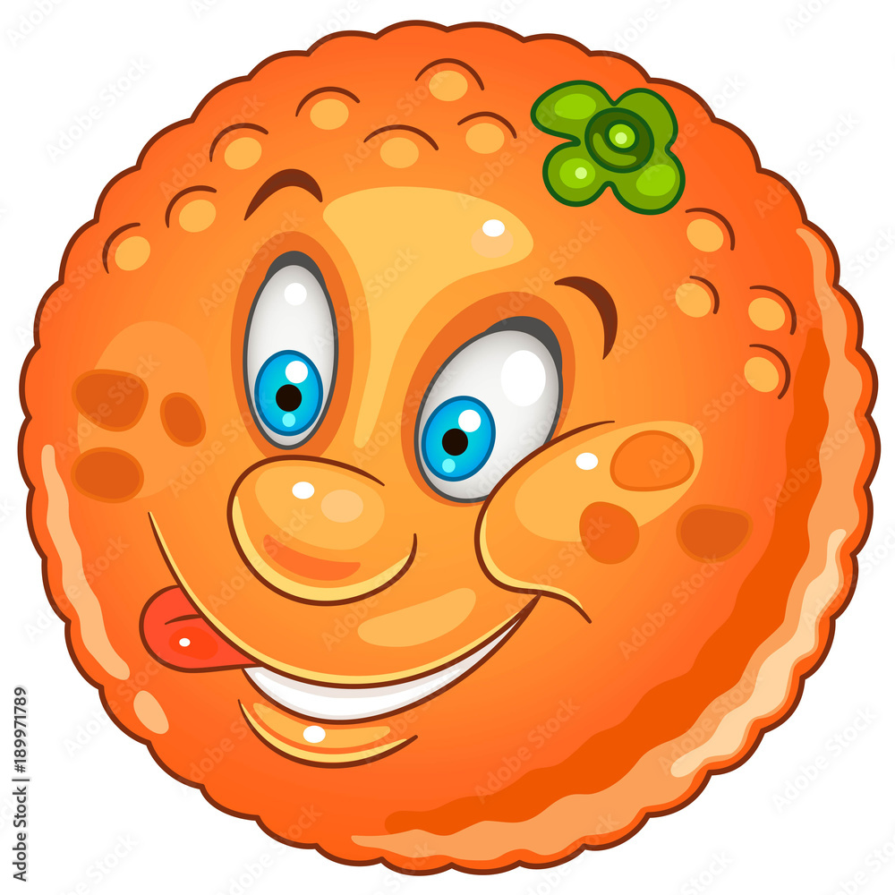 Cartoon orange citrus happy fruit emoticon smiley emoji eco food symbol design element for kids coloring book page t