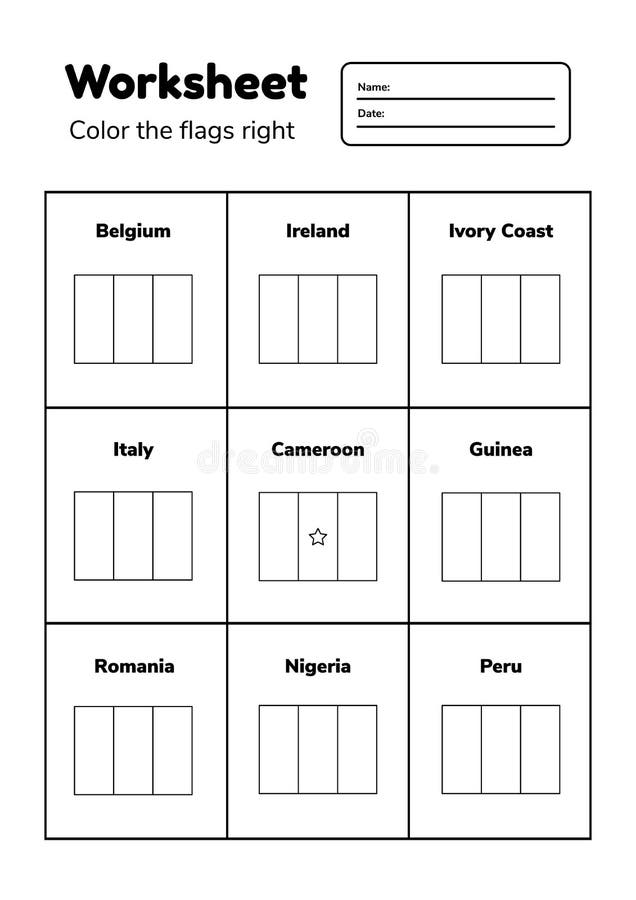 Worksheet on geography for preschool and school kids color the flags right stock illustration