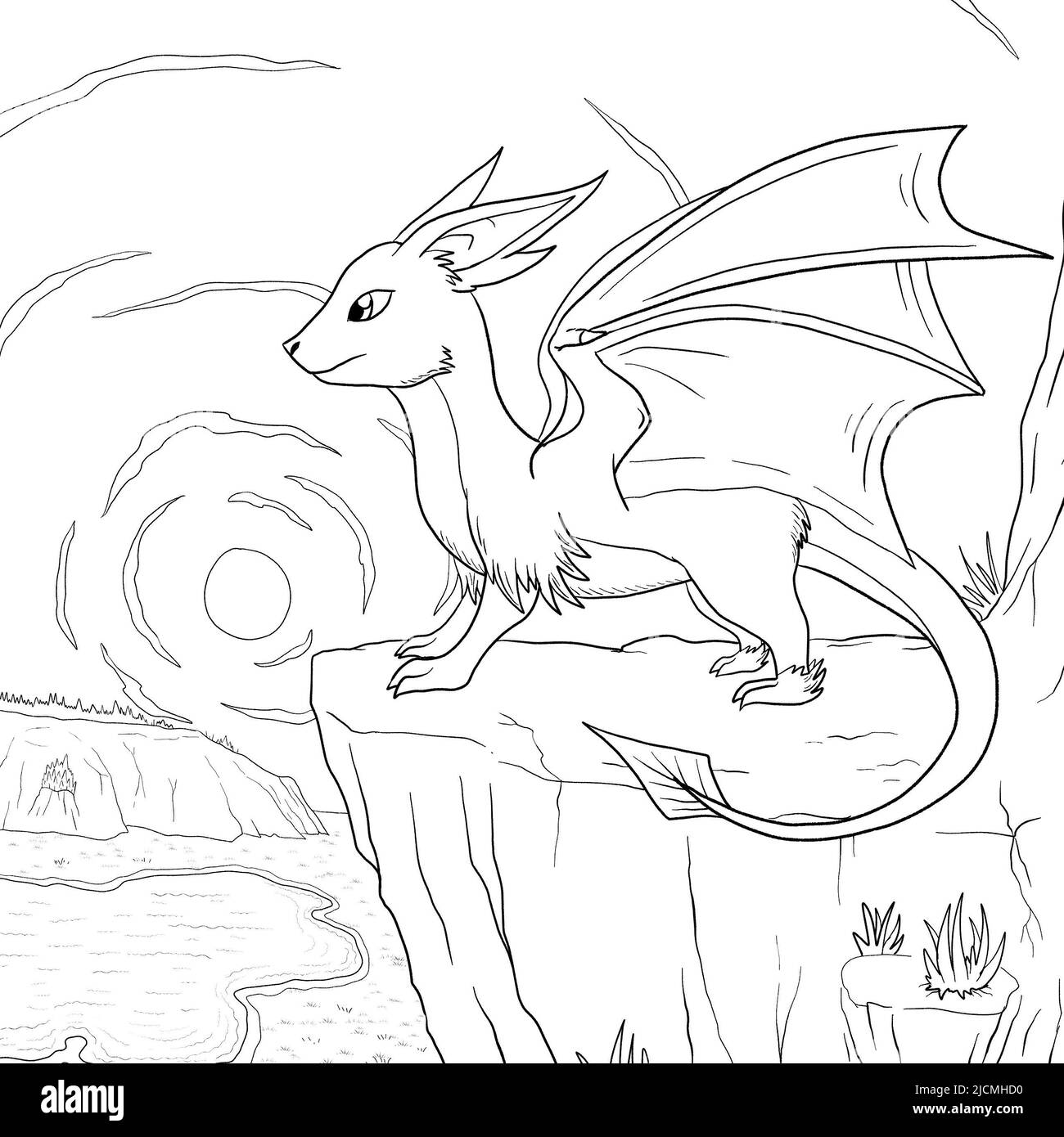 Black and white coloring page ink illustration of a dragon stock photo