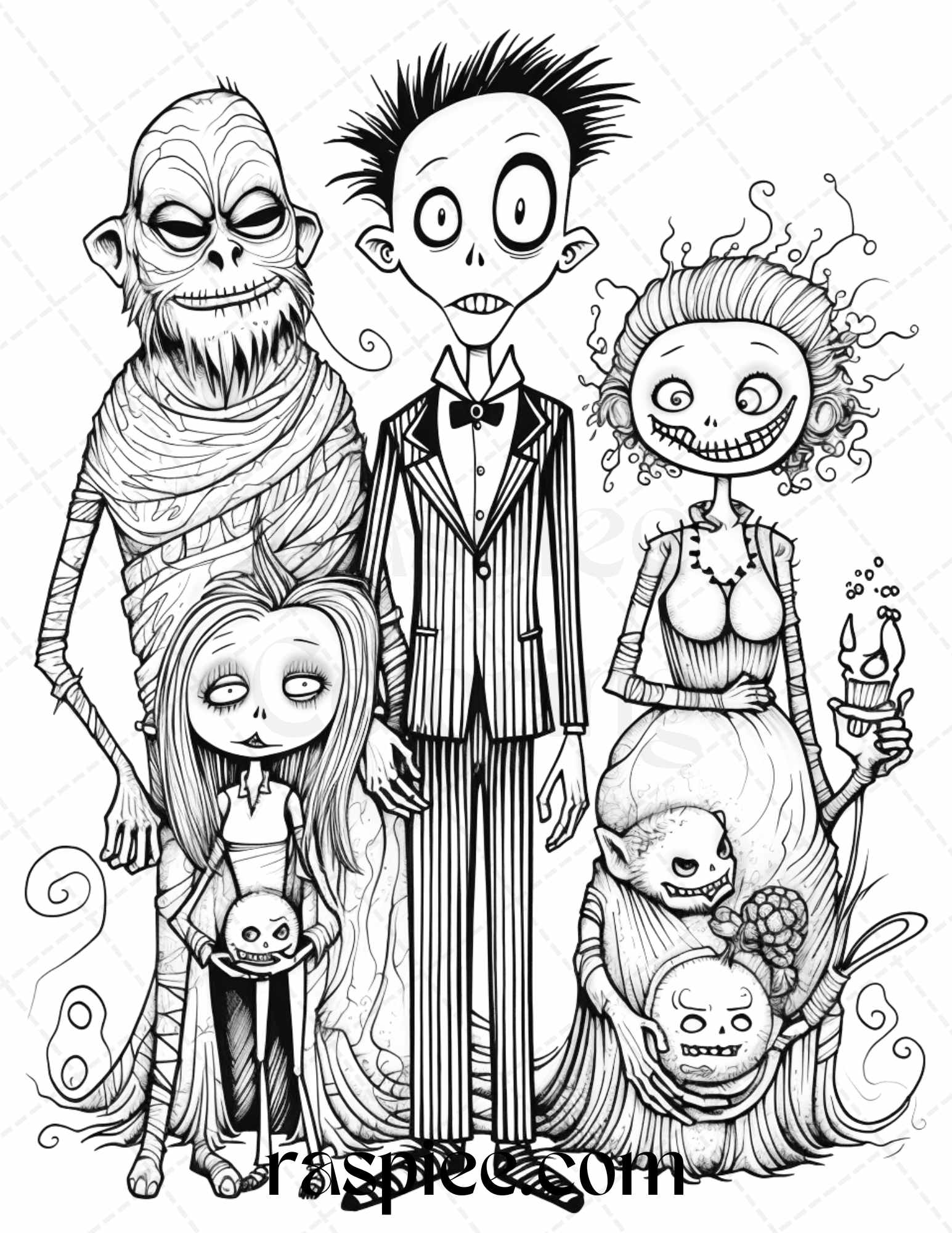 Monster family grayscale coloring pages printable for adults