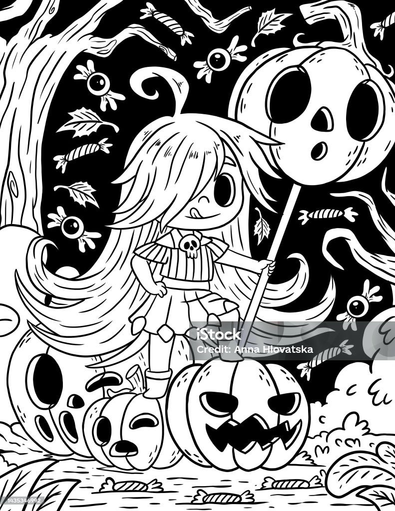 Midnight horror spooky gothic coloring book stock illustration