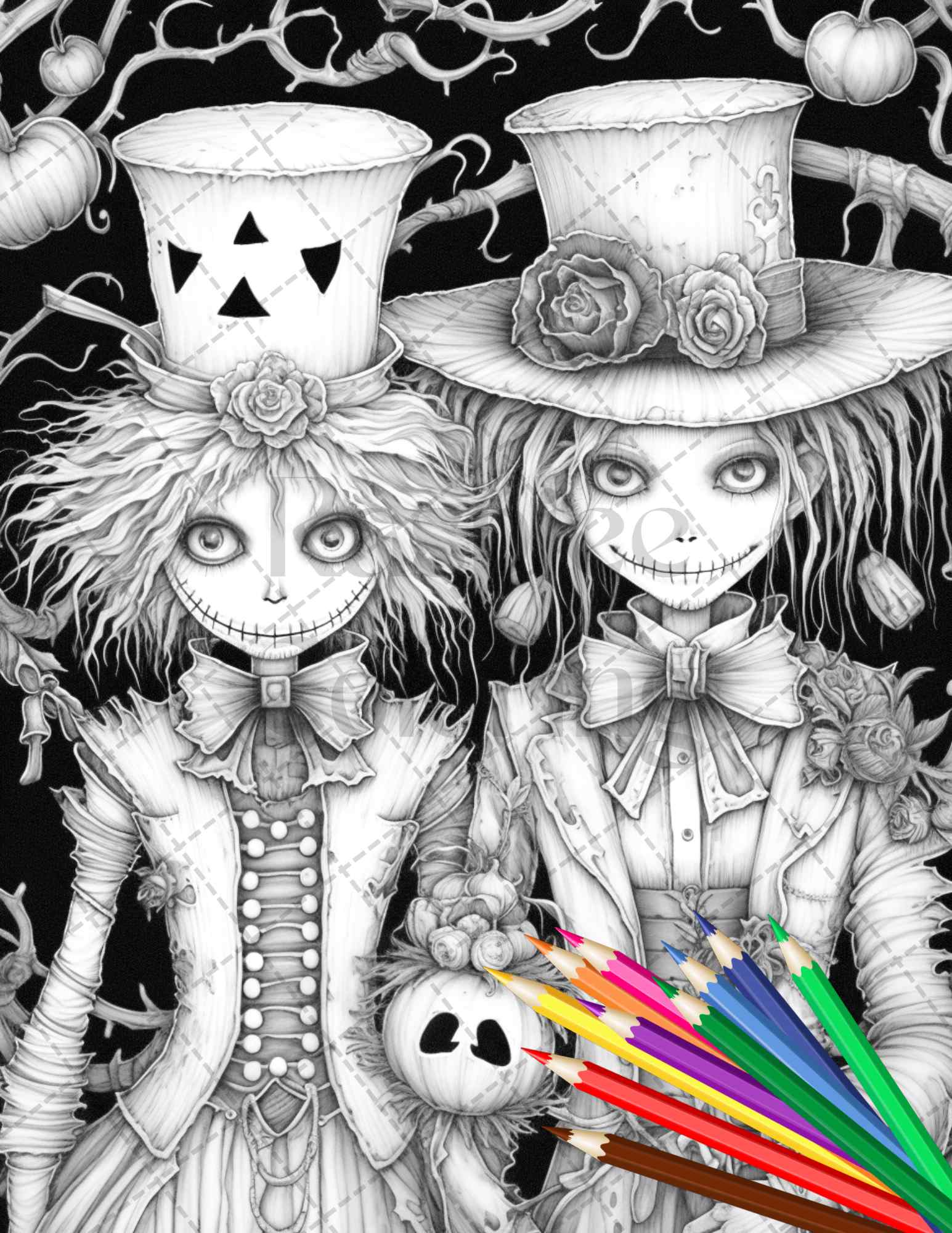 Scary scarecrows grayscale coloring pages printable for adults hal â coloring