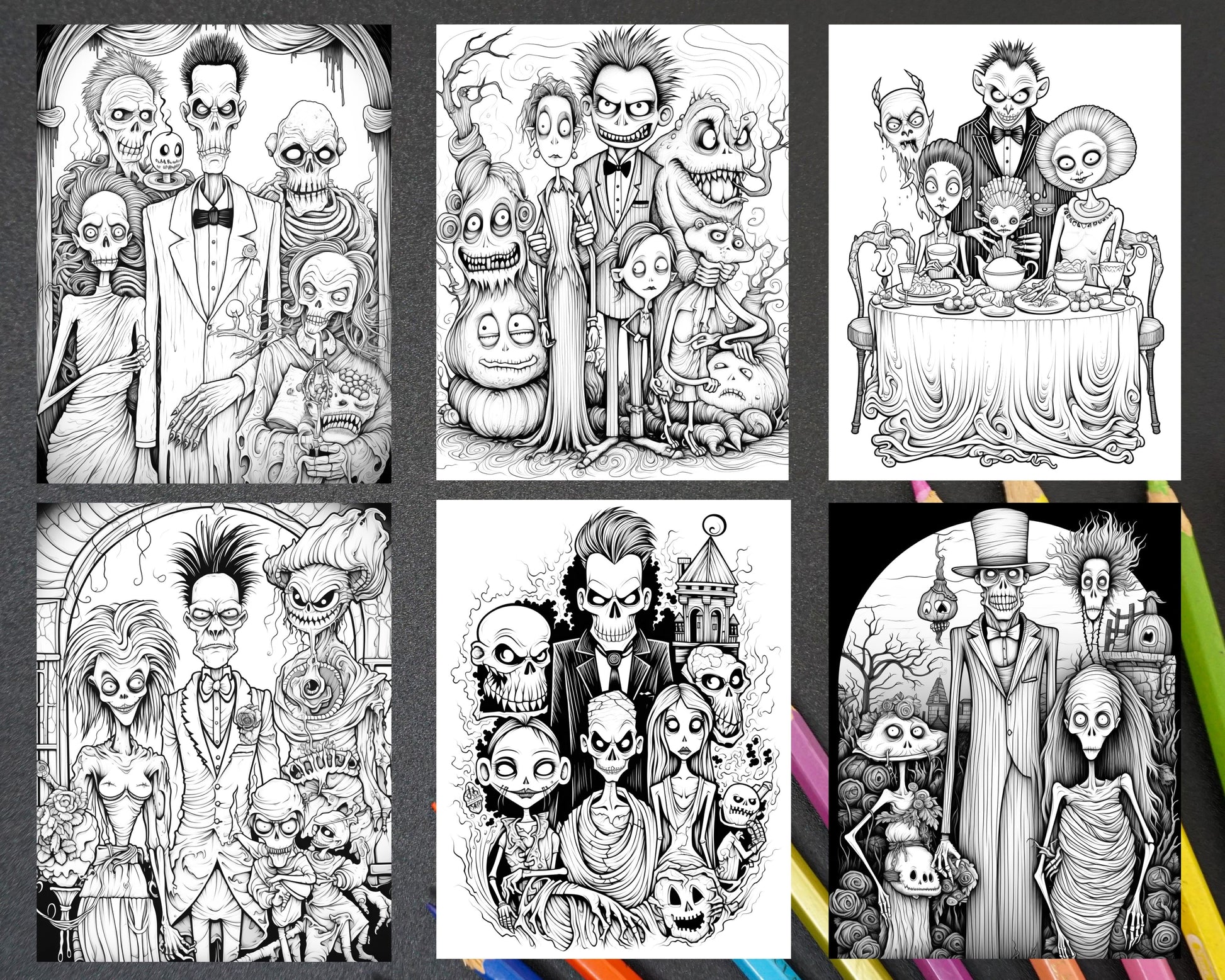 Monster family grayscale coloring pages printable for adults